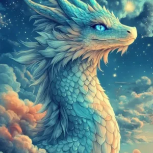 Diamond Painting Set Himmelsdrache Saphira mit blauem Drachen, Wolken und Sternenhimmel in glitzernder Optik