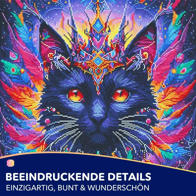 Diamond Painting Set Mystic Cat als fertiges Kunstwerk mit bunten Federn aus funkelnden Strasssteinen