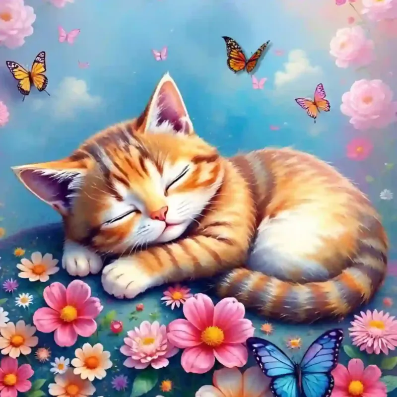 Diamond Painting Set Dreaming: Schlafende Katze auf bunter Blumenwiese mit Schmetterlingen vor blauem Himmel