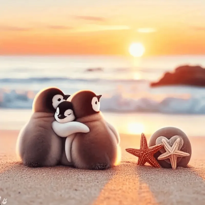 Diamond Painting Set Pinguin-Familie am Strand bei Sonnenuntergang mit glitzernden Strasssteinen