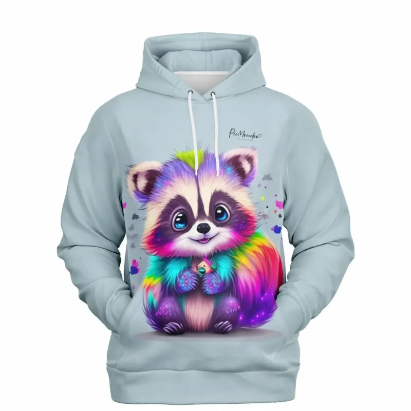 Hellblauer Hoodie mit buntem Waschbär-Motiv im Stil von Diamond Painting und Malen nach Zahlen Kunstwerken