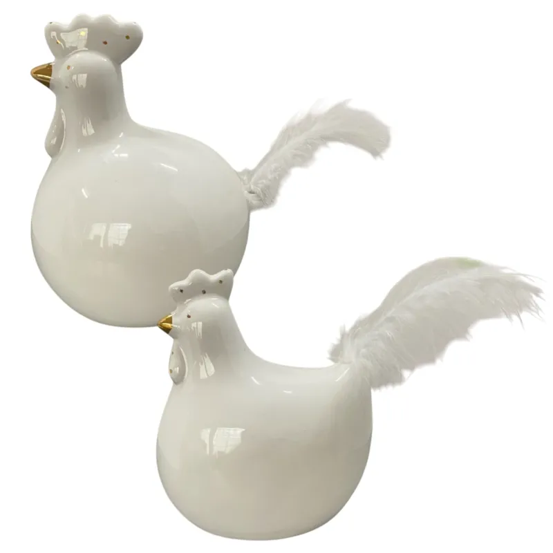 Zwei Formano Osterdeko Hühner aus Keramik in Creme-Weiß mit goldenen Akzenten und Federschwanz