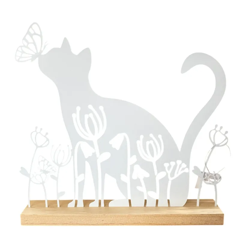 Dekofigur Katze aus Holz & Metall in Braun-Weiß mit Schmetterling und Blumenmotiv