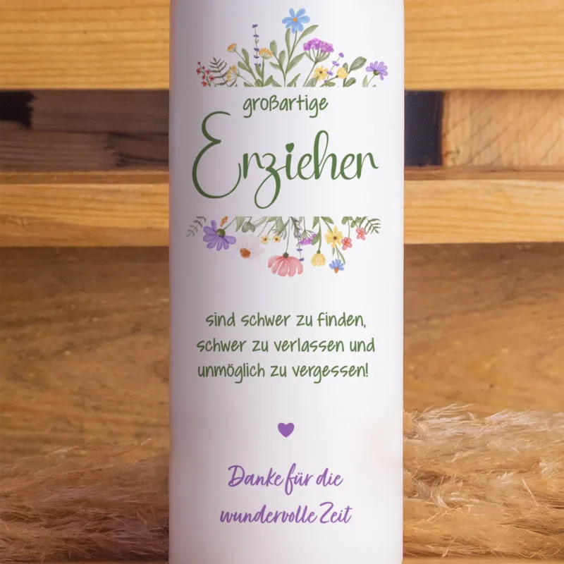 Dankeskerze für Erzieherin – 20 cm | Geschenk zum Kita-Abschied | Mit Blumendesign & Spruch