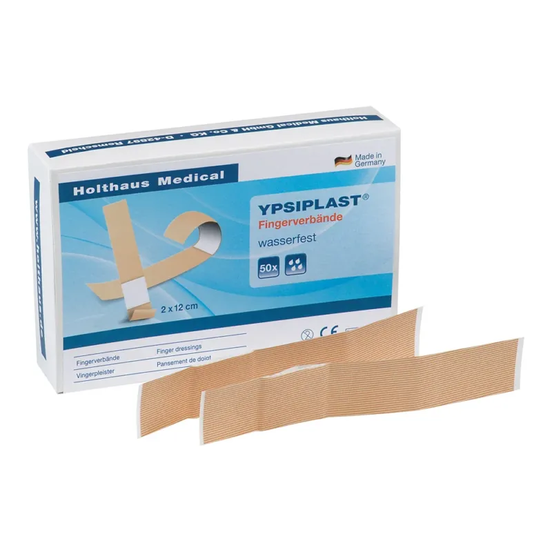 Verpackung der YPSIPLAST Fingerverbände, wasserfest, Größe 2 x 12 cm. Davor liegen zwei der hautfarbenen Fingerverbände.