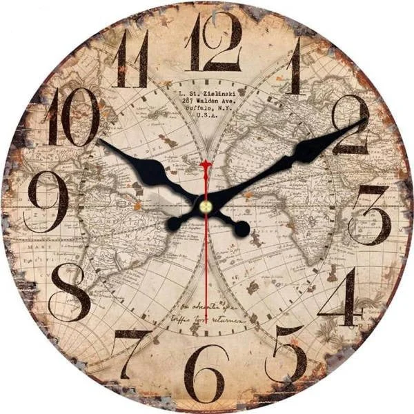 Runde Vintage Wanduhr Holz Weltkarte Design