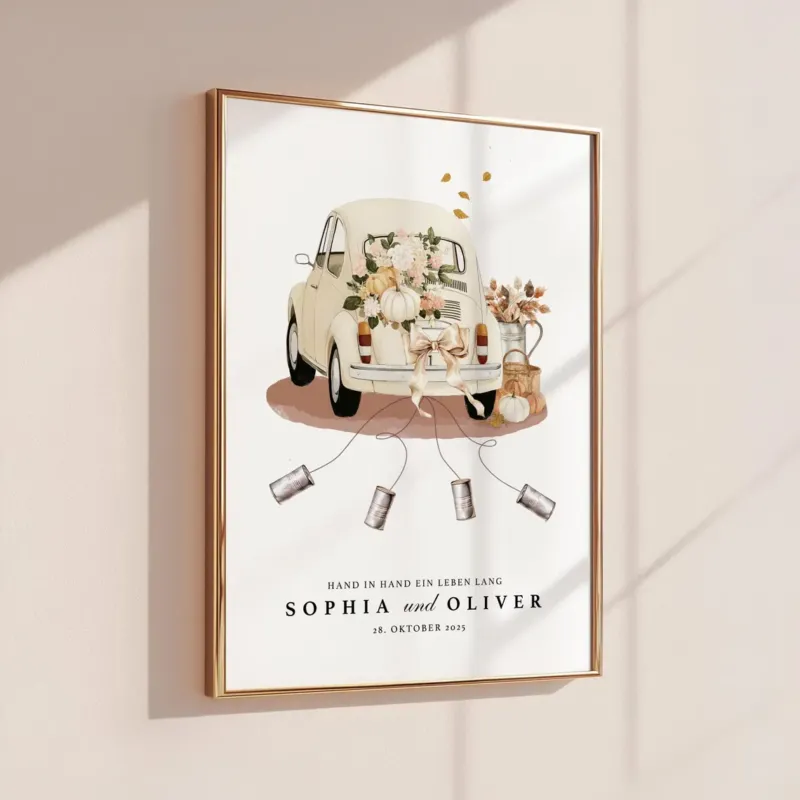 Personalisiertes Geldgeschenk zur Hochzeit – Vintage Auto Poster mit Namen & Datum