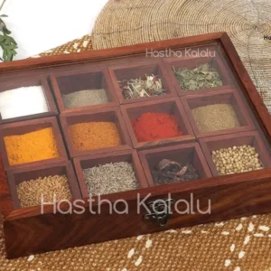 Wooden Table Top 12- Partitioned Spice Box & Spoon in Sheesham Wood Masala Spice