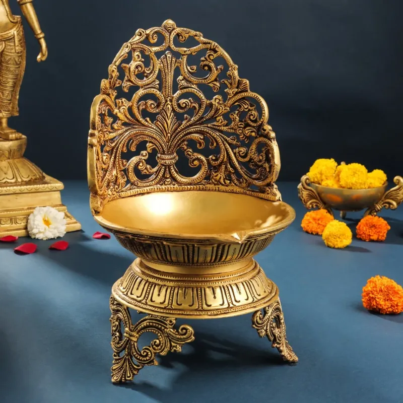Ethic Handcarved Brass diya lamp (12 INCH)