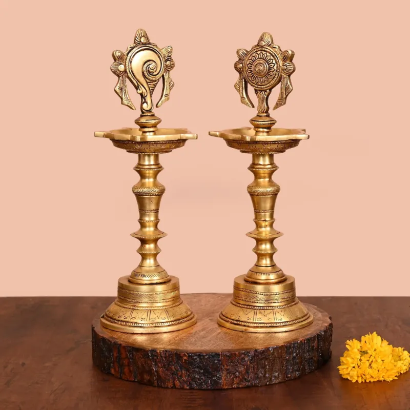 Shankh Chakra Brass diya set (12")