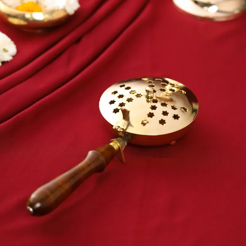 Brass Insence Butler with wooden handle (3")