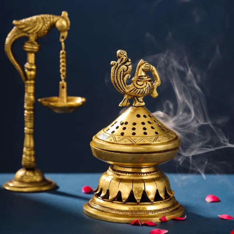 Brass Peacock Dhoop dani & insence holder (6.5 inch)
