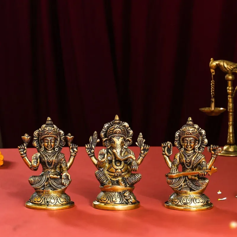 Brass Ganesha, Lakshmi And Saraswathi Idol (4.5 INCH)