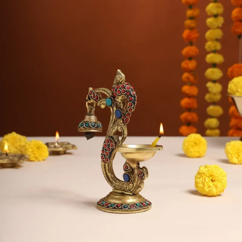 Brass Ethnic Peacock diya with hanging bell (6.5 inch)