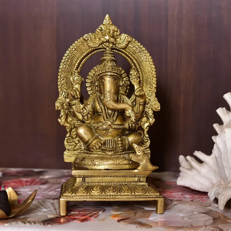 Brass Ganesha On Throne/Singhasan Idol (7.5 INCH)