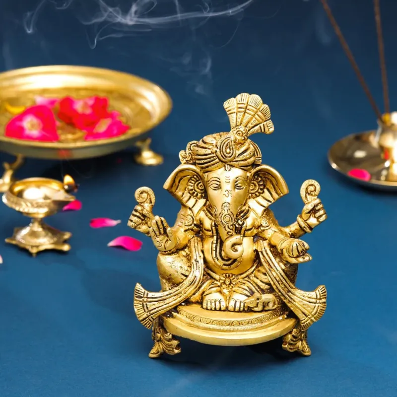 Brass Pagdi Ganesha On Chowki (7.8 INCH)