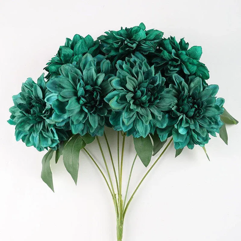 Dahlienbusch künstlich 48 cm, täuschend echte Seiden-Dahlien, 7 Blüten, für Dekoration, Hochzeit, Gastronomie, langlebiger Kunstblumenstrauß