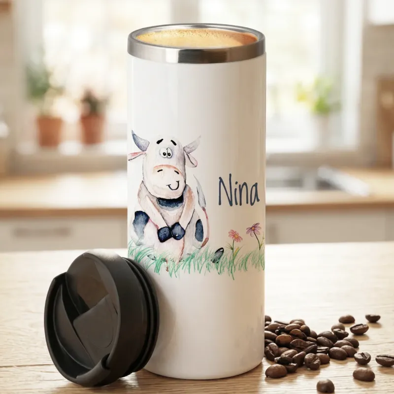 Weißer Becher mit Kuh-Motiv und dem Namen "Nina".