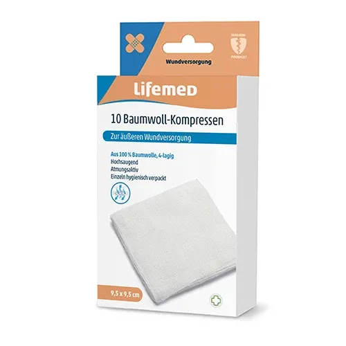 Lifemed Baumwoll-Kompressen 9,5 x 9,5 cm weiß 4-lagig 99102