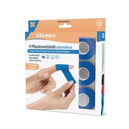 Lifemed Pflasterverbände selbsthaftend 5 m x 2,5 cm blau 9er Pack