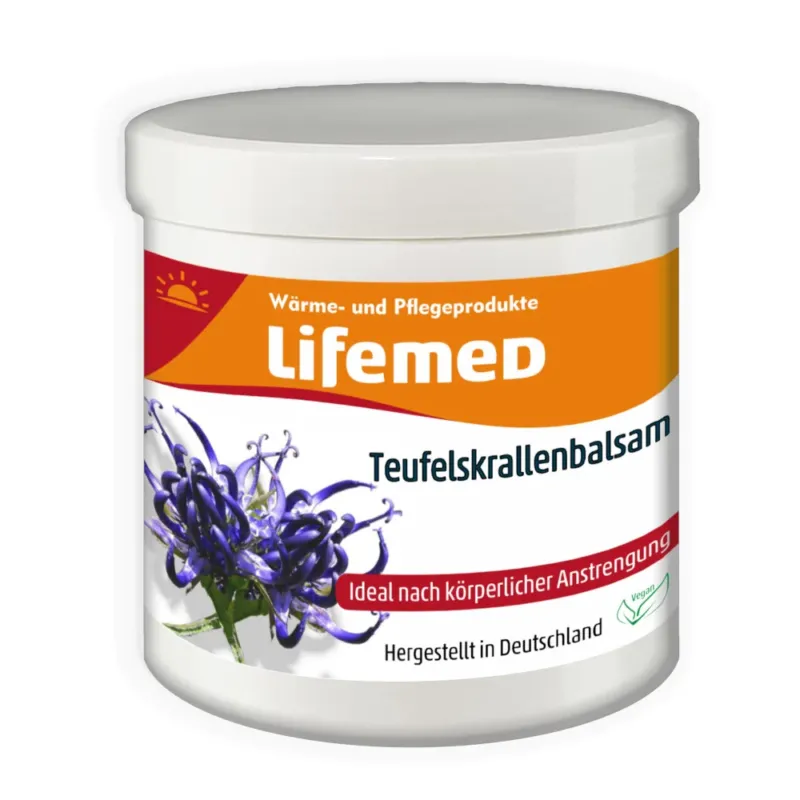 Alt-Text: Produktbild eines Teufelskrallenbalsams in einer klaren, tubenartigen Verpackung. Die Tube hat eine white- und grünliche Farbgebung mit einem ansprechenden Design. Auf der Vorderseite sind die Produktbezeichnung „Teufelskrallenbalsam“ und Hinweise zur Anwendung gut lesbar. Der Hintergrund ist neutral, um die Tube hervorzuheben. Der Balsam ist für die Pflege von Gelenken und Muskeln gedacht. Die Verpackung zeigt auch Hinweise auf natürliche Inhaltsstoffe.