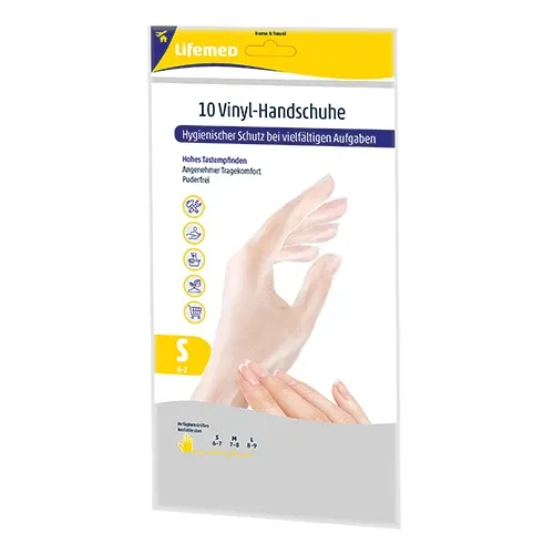 Ein Bild von einer Packung Lifemed Vinylhandschuhen in Größe S. Die Verpackung ist transparent und ermöglicht einen Blick auf die handschuhähnlichen Produkte darin. Auf der Vorderseite der Packung ist das Produktlogo deutlich sichtbar, zusammen mit Informationen über die Verwendung der Handschuhe, die Hinweise zur hygienischen Anwendung und eine Größe von S. Der Hintergrund ist einfach gehalten, um den Fokus auf die Handschuhe und die Verpackung zu lenken.