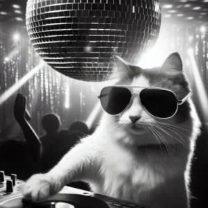 Cat Dj Disco Ball Party Wall Art, Retro Vintage Mirror Ball Print, Black And White Poster, 70s Retro Music Wall Decor, Funny Cat Wall Art