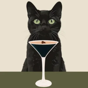 Cat with Espresso martini art in neutral and olive green colors in a minimalist aesthetic, quirky illustration whimsical artwork ideal for kitchens, cafes, coffee bars, bar carts, fun contemporary art for an eclectic living room