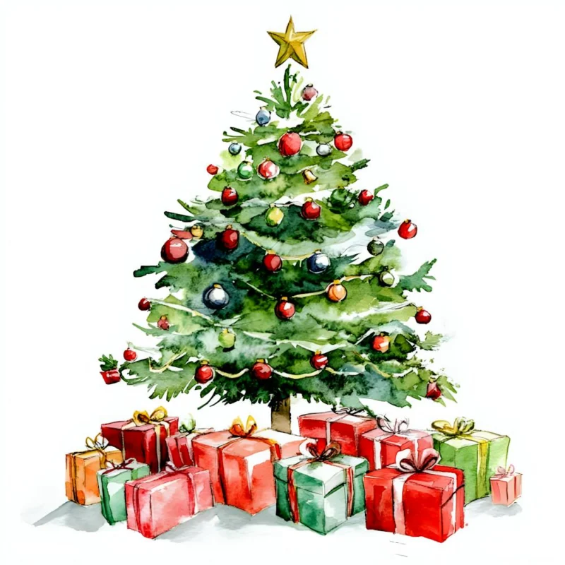 Watercolor Christmas Tree with Festive Gifts