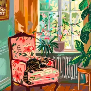 Cat in a Chair. Maximalist Interior Illustration