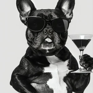 French Bulldog Holding A Cocktail Wall Art, Black And White Print, Frenchie Gift, Martini Alcohol Print, Funny Dog Poster, Bar Cart Decor