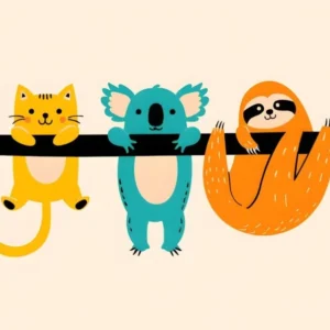 Adorable Hanging Animals Print: Cat, Koala, Sloth Wall Art for Nursery & Kids Room