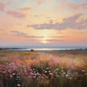 Wildflower Field Landscape, Vintage Sunset Landscape Oil Painting, Muted Country Field Wall Art Digital Download, Nature Printable