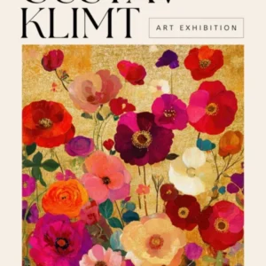Gustav Klimt Inspired Floral Art Exhibition Poster, Red Pink Gold Leaf Mixed Media Flowers, Abstract Botanical Wall Art for Modern Living Room, Bedroom, Office Decor, Bohemian Luxe Colorful Flowers