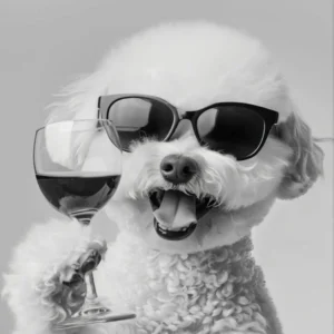 Bichon Frise Holding Wine Wall Art, Black And White Print, Bichon Gift, Alcohol Print, Bar Cart Art, Funny Dog Poster, Kitchen Wall Decor
