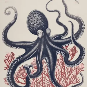 Octopus Linocut Style With Aqua Marine Plants 2