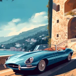 A Jaguar E Type In Amalfi Coast, Italy, Car Illustration 1