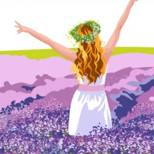 Boho Girl In Lavender Field Of Flowers