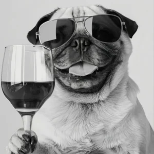Pug Holding Wine Wall Art, Black And White Print, Pug Gift, Alcohol Print, Funny Dog Poster, Bar Cart Print, Kitchen Wall Decor(1)