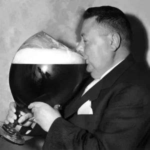 Man Drinking From Giant Beer Glass, Bar Cart Decor, Vintage Black and White Old Photo