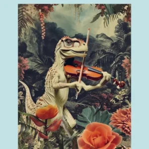 Dinosaur Playing Violin Retro Collage 1 Poster