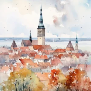 Tallinn Estonia In Autumn Fall, Watercolour 4
