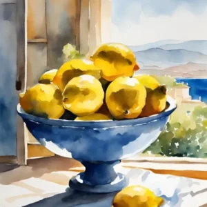 Lemons in bowl in front of a window