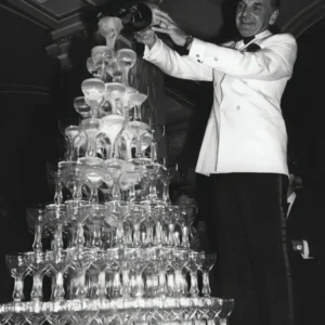 Champagne Tower 1920s Wall Art, Pouring Over Stacked Glasses Black And White Print, Alcohol Poster, Bar Cart Print, Retro Wall Decor