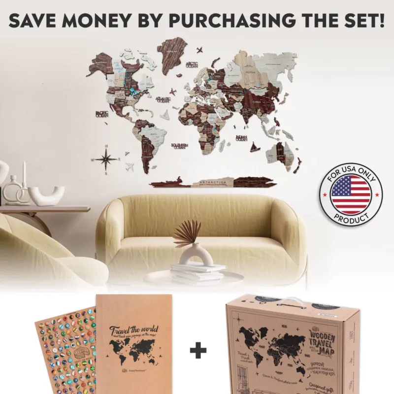 Travel Wall Decor Set: 3D Wooden Colored Map with Flag Pins by Enjoy The Wood