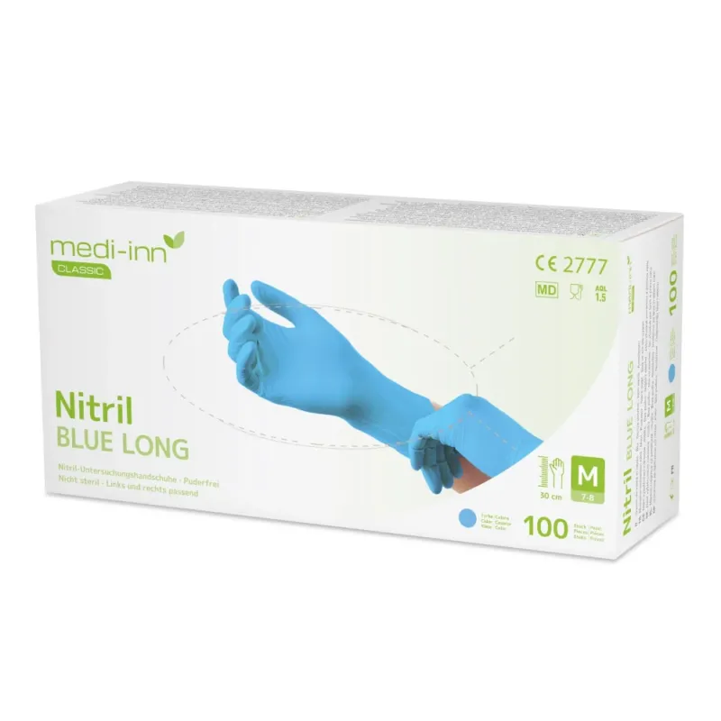 Ein Paar blaue Nitrilhandschuhe sind auf einem weißen Hintergrund abgebildet. Die Handschuhe sind lang und puderfrei, was sie ideal für den medizinischen Gebrauch und andere Anwendungen macht, bei denen Hygiene wichtig ist. Die Textur der Handschuhe zeigt eine feine, mikropunktierte Oberfläche, die für einen sicheren Griff sorgt. Sie sind in einer leicht geöffneten Position dargestellt, sodass die Form und die Passgenauigkeit deutlich erkennbar sind.