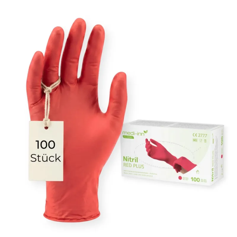 Frontalansicht eines Medi-Inn Nitril Red Plus Einmalhandschuhs neben der Verpackung mit 100 Stück.