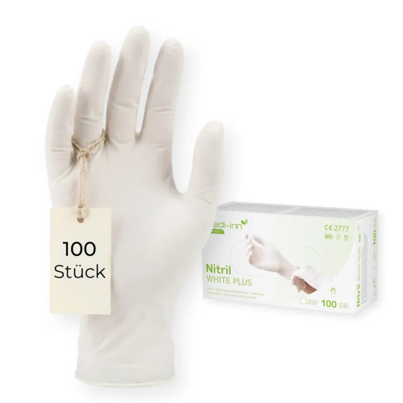 Frontalansicht eines Medi-Inn Nitril White Plus Einmalhandschuhs neben der Verpackung mit 100 Stück.