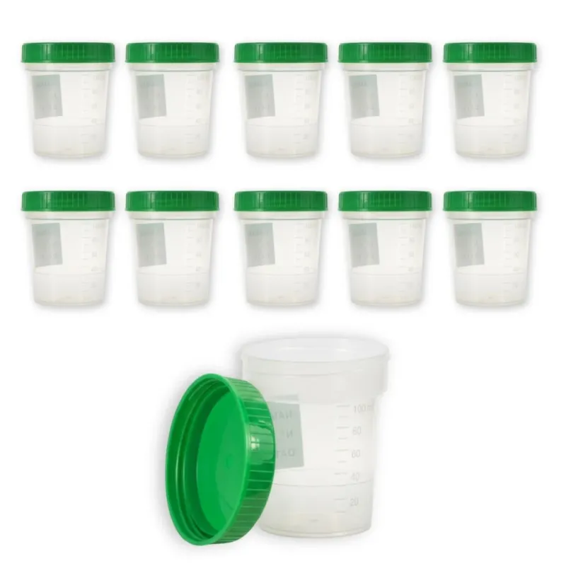 10 Urinbecher 100 ml mit grünem Schraubdeckel, transparent, graduiert