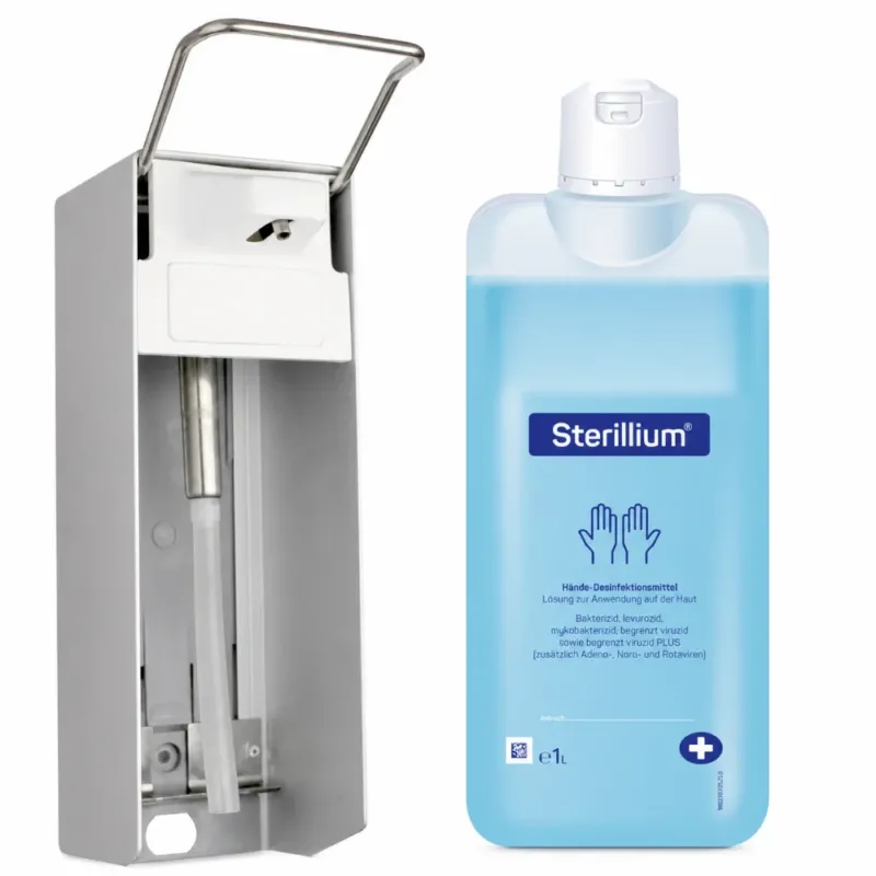 Medi-Inn Wandspender Aluminium, Langarmhebel, mit Verschlussblende, 1000 ml + Bode Sterillium 1000 ml